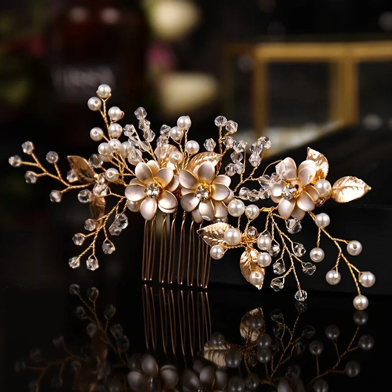 Wedding Supply Store - Handmade Gold Color Flower Hair Comb